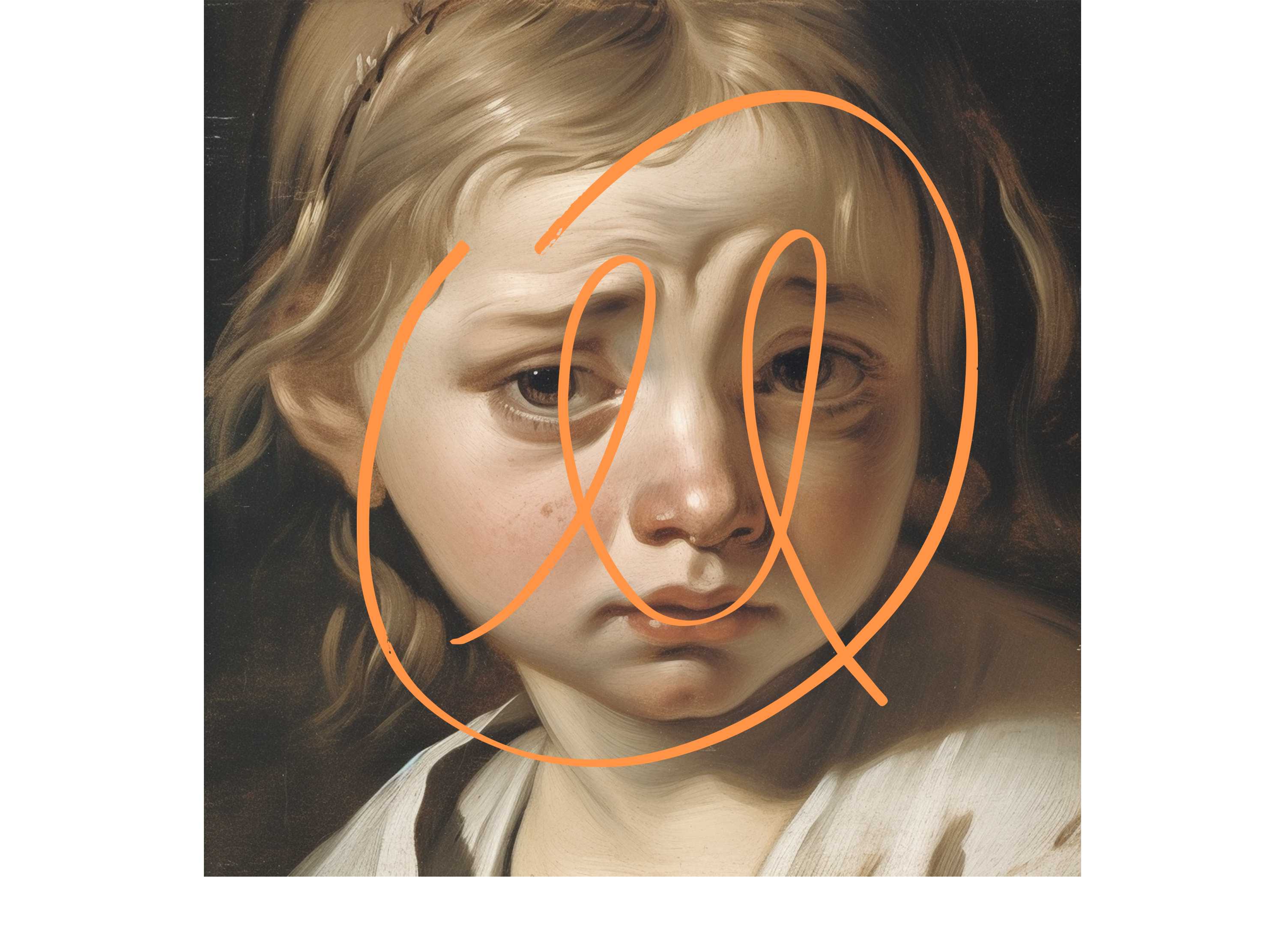 Logo superimposed over a painting of a girl, generated by Midjourney based on The Crying Boy, an artwork by Italian painter Giovanni Bragolin